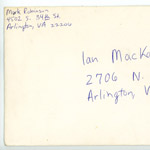 Envelope from Mark Robinson addressed to Ian MacKaye, both addresses in Arlington, Virginia
